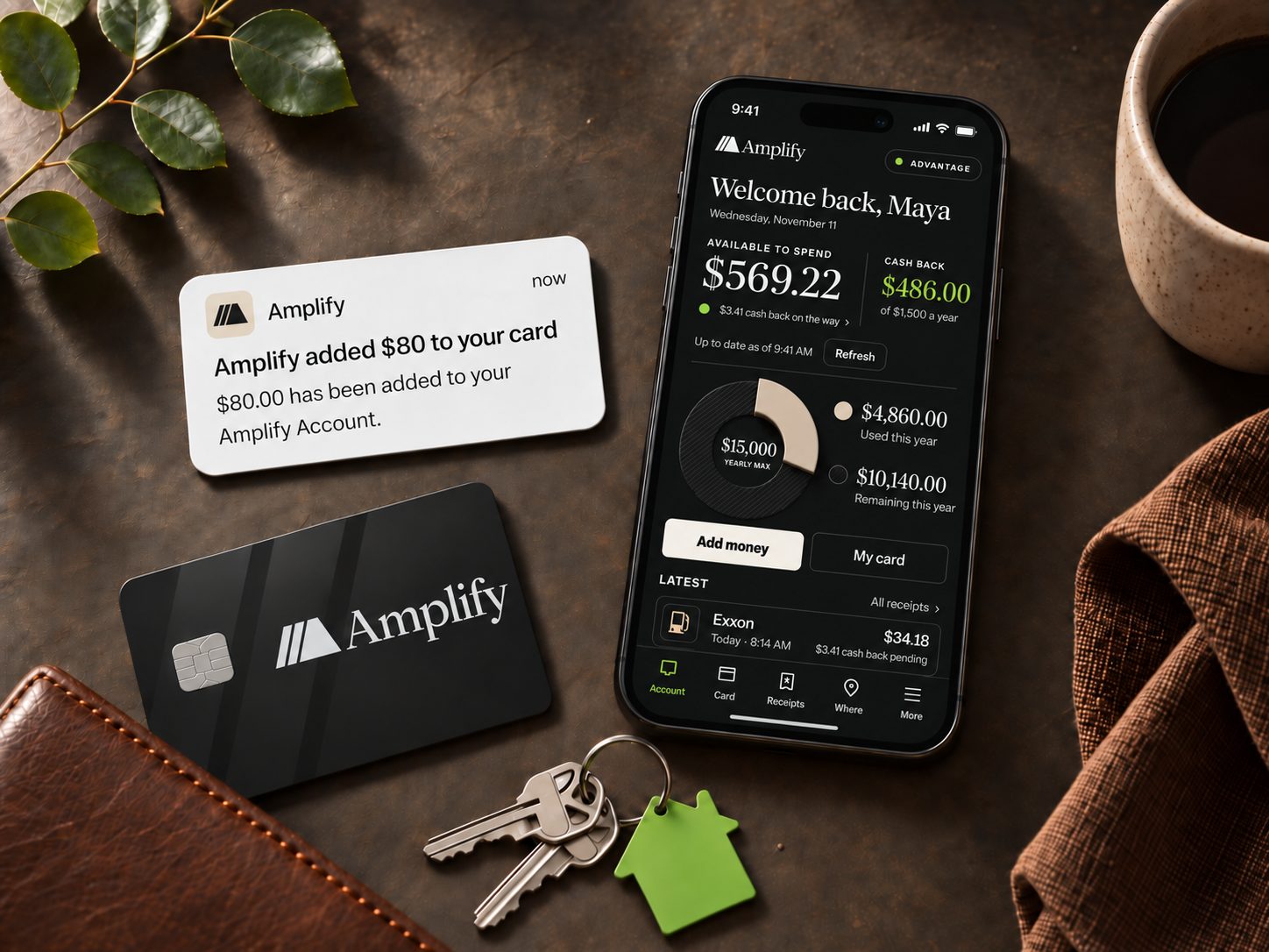 An Amplify card and the Amplify app on a desk beside keys and a wallet.
                      A notification reads that Amplify added $80 to the card, and the app
                      shows the available balance and recent essential purchases