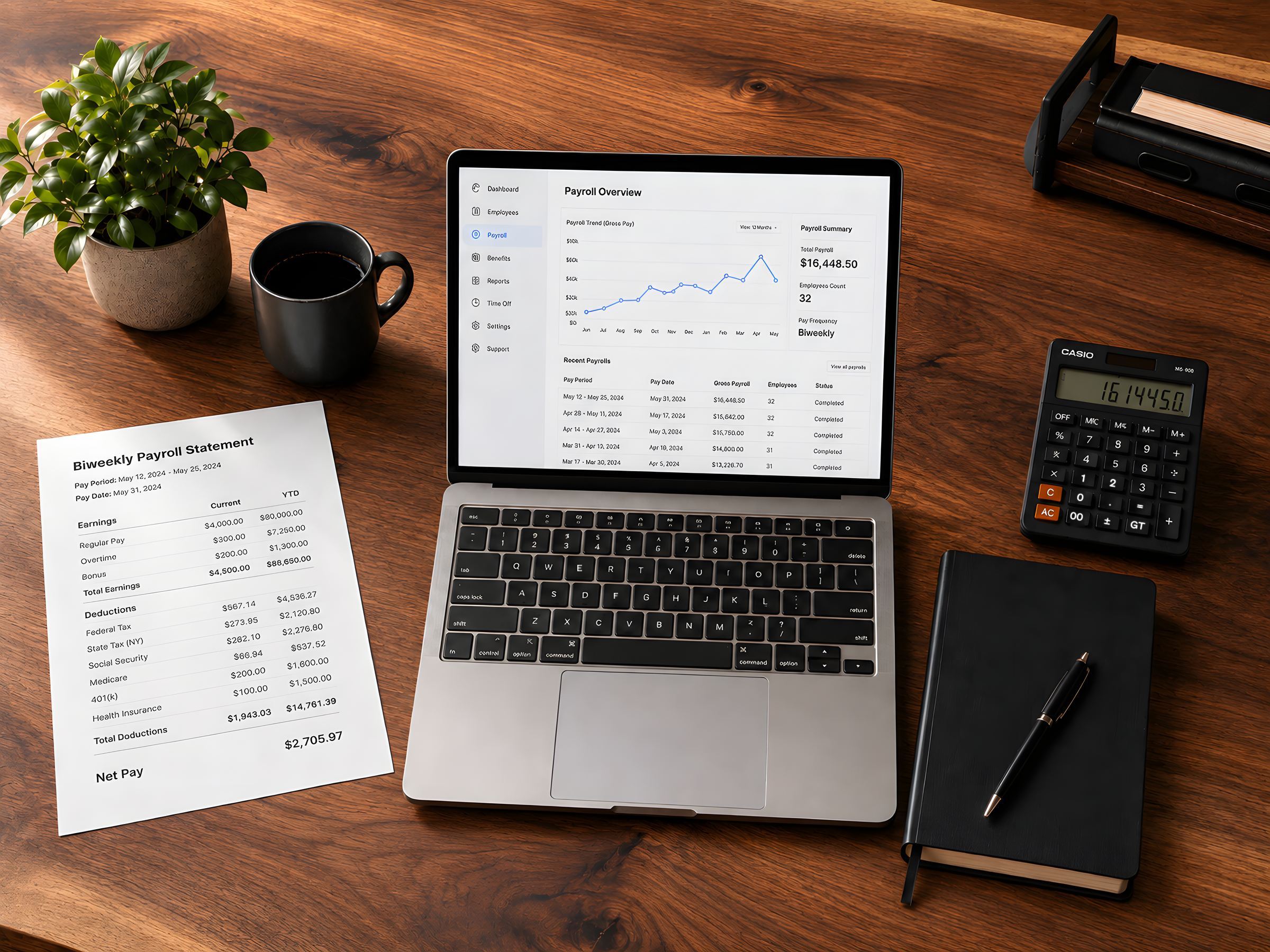 A laptop showing a payroll dashboard on a desk, with a printed payroll summary, a calculator and a coffee