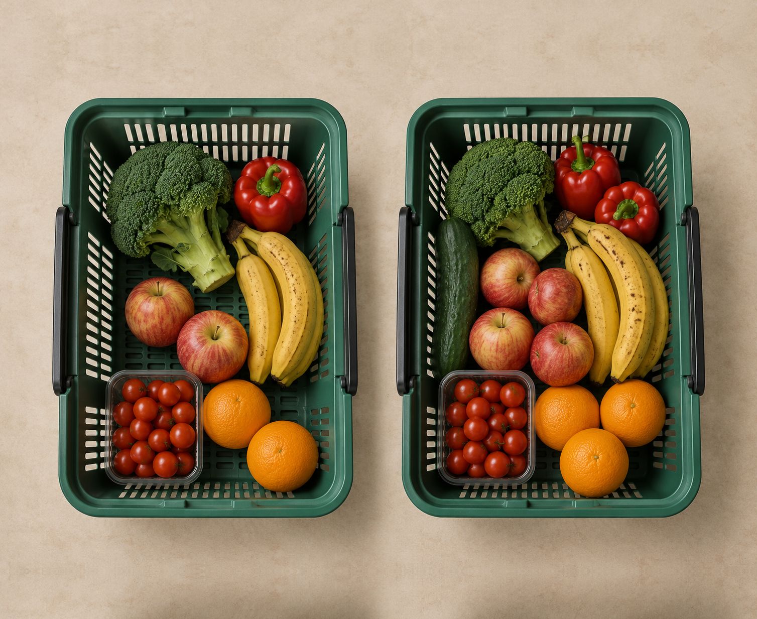 Two identical grocery baskets side by side, the right one holding noticeably more