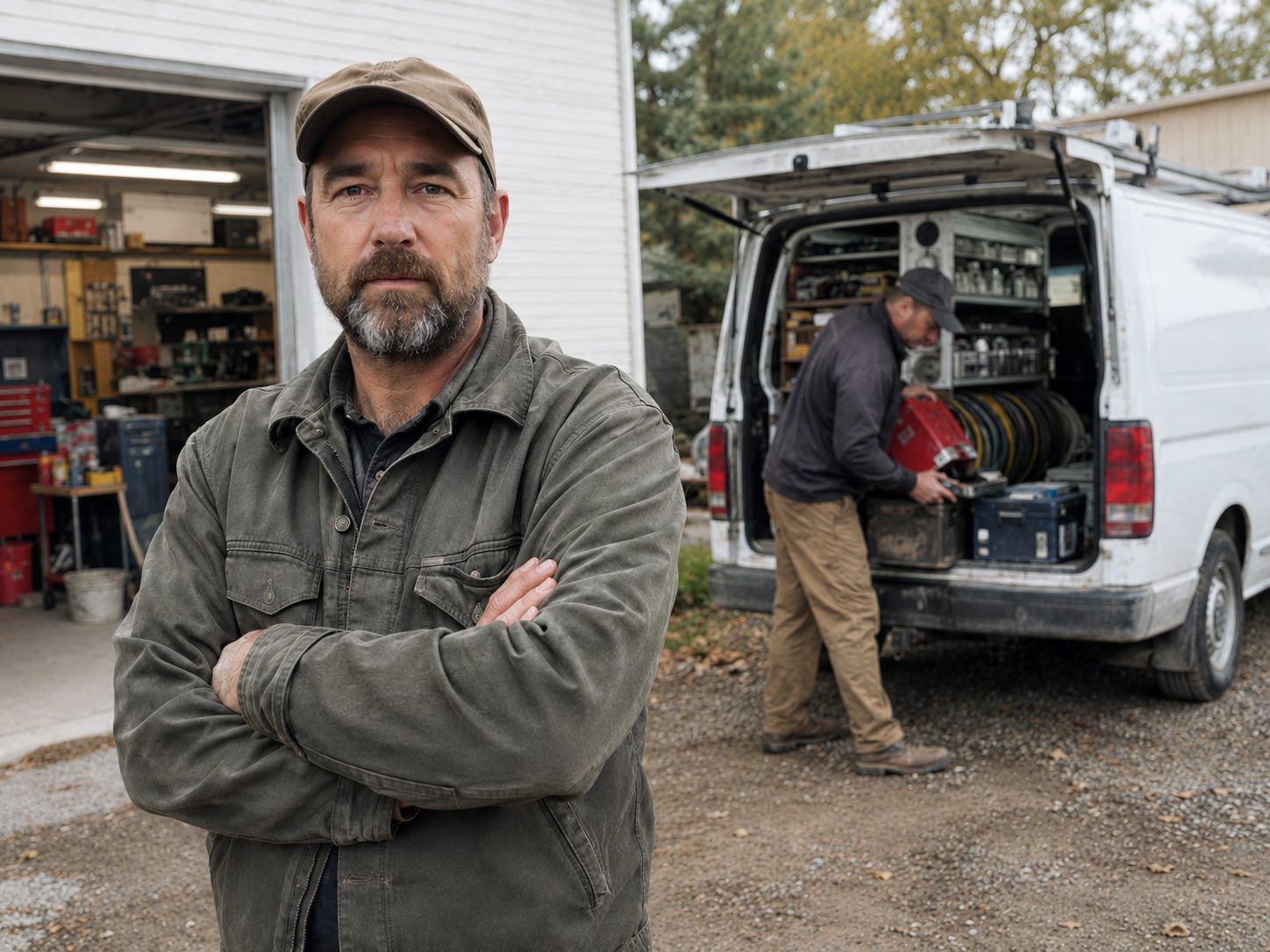 A contractor standing beside his work van