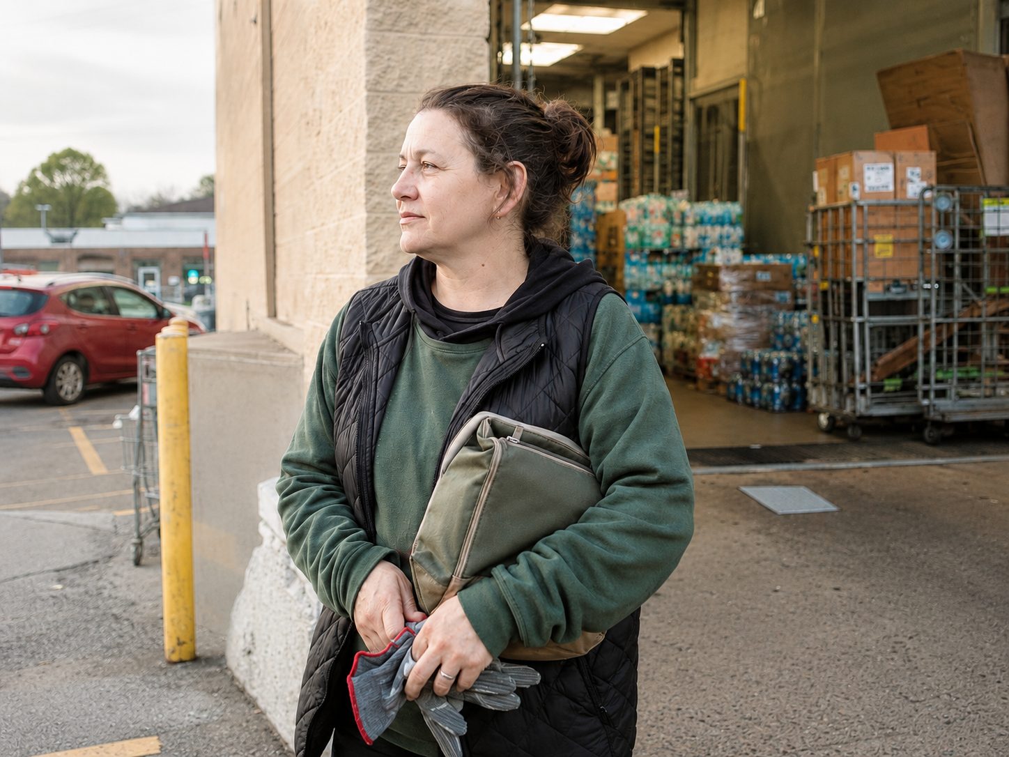 A warehouse worker outside at the end of a shift
